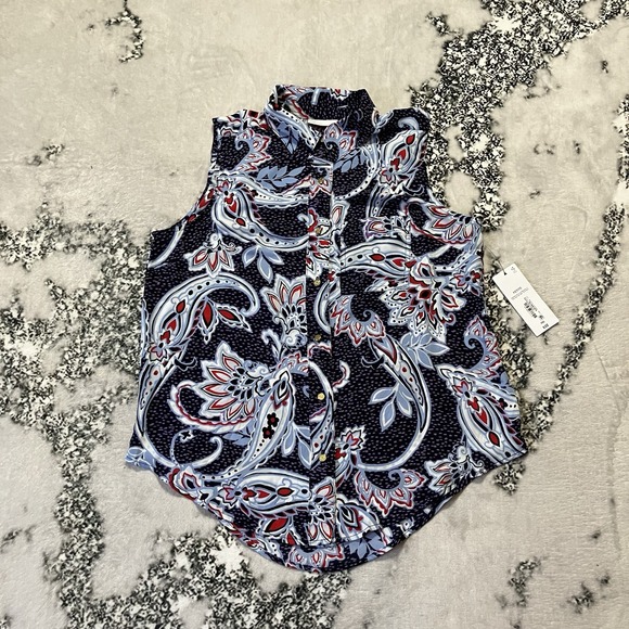 Liz Claiborne Tops - Liz Claiborne top Womens Sz PXS Navy‎ Paisley Pleated Satin Sleeveless Shell